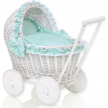 Kočárek pro panenku Proutěný kočárek pro panenky odrážedlo bílý s mátovou p