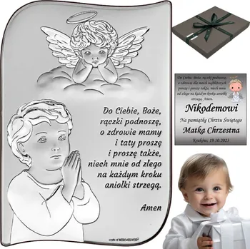 Obraz STŘÍBRNÝ OBRÁZEK DÁREK KE KŘTINÁM PRO DÍTĚ S GRAVÍROVÁNÍM