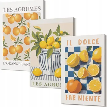 Obraz Triptych na plátně do obývacího pokoje Citrusové plody retro žluté 30x20 cm