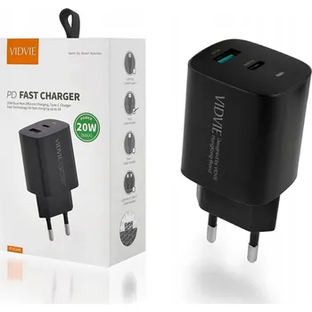 SÍŤOVÁ NABÍJEČKA VIDVIE PLE248 1XUSB + 1XTYPE C 3A PD 20W ČERNÁ