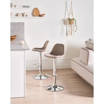 Sada 2 barových židlí taupe látkové čalounění stříbrná základna nastavitelná výška vysoké židle moderní styl Beliani
