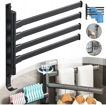 Věšák KOUPELNOVÝ NÁSTĚNNÝ VĚŠÁK NA RUČNÍKY S NASTAVITELNÝMI RAMENY ČERNÝ