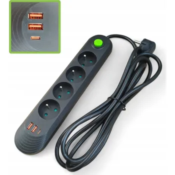 Napájecí kabel Prodlužovací Kabel zásuvková lišta 4 zásuvky 5M 2500W 2xUSB-A 1xUSB-C Nabíječka