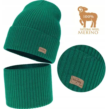 Čepice Zelená SOUPRAVA VLNA Merino ČEPICE NÁKRČNÍK podzim jaro PROUŽEK vel. 54-58