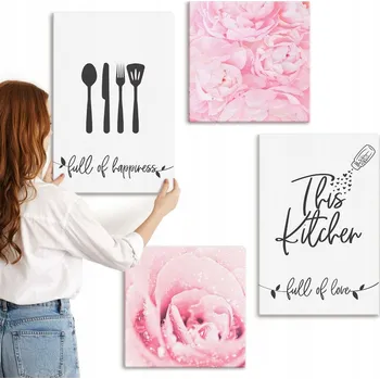 Obraz Sada nástěnných dekorací do kuchyně - jemné růžové květy, 4 kusy