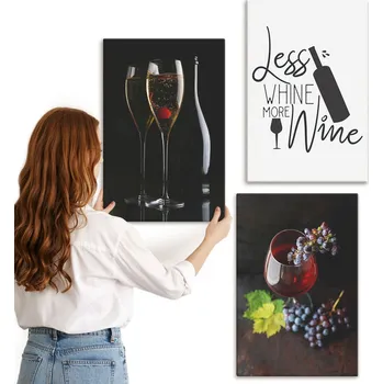 Obraz Sada obrazů na plátně Závěsné Skleničky hroznové víno Hrozny nápis 3x 40x60 cm