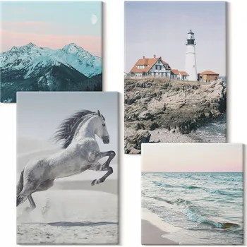 Obraz Sada obrazů na plátně, komplet Koně pohyb pláž maják hory 4 kusy