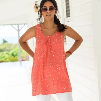 Dlouhá tunika bez rukávů s potiskem korálová 52