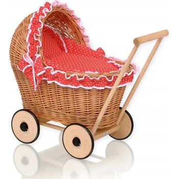 Kočárek pro panenku Proutěný kočárek pro panenky odrážedlo s červeným povlečením a měkkou výstelkou - n
