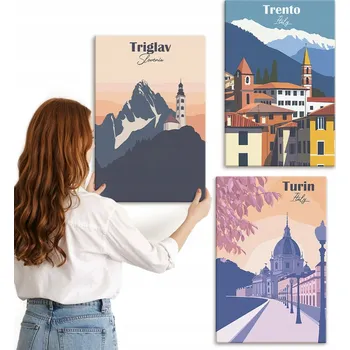 Obraz Sada obrazů Galerie Obrazů Hory architektura retro ilustrace 3x 40x60 cm