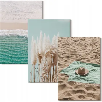 Obraz Sada obrazů na zeď Pláž, vlny, tráva, klobouk 3x 20x30 cm