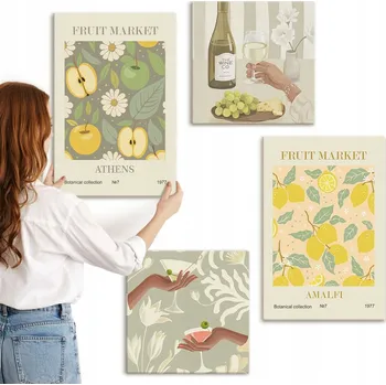 Obraz Sada nástěnných dekorací, sada obrazů s ovocnými motivy, italské víno, 4 kusy