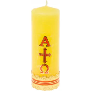 Svíčka Velikonoční paškálová svíčka pro domácí použití žlutá Alfa Omega 14 cm