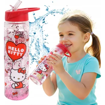 Hello Kitty Plastová láhev LAHEV NA PITÍ s brčkem, průhledná, na vodu, 550 ml