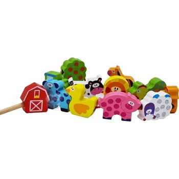 ostatní stavebnice Dřevěné navlékací Stavebnice Woopie Green s motivem hospodářských zvířat, 13 ks