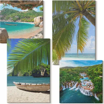 Obraz Galerie obrazů na plátně Kolekce Pláž loď vodopády palmy 4 kusy