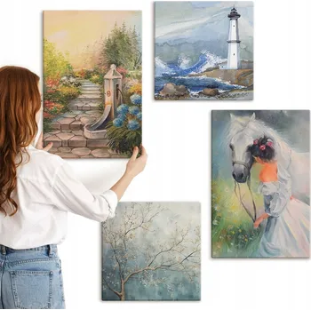 Obraz Sada Obrazů Galerie: Scenérie s majákem, dívka a kůň, 4 kusy