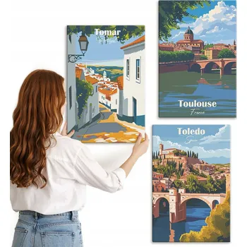 Obraz Sada nástěnných dekorací - Galerie grafiky měst v retro stylu 3x 40x60 cm