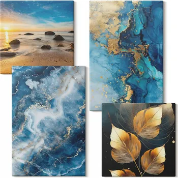 Obraz Vícedílný Obraz Na Plátně Modré zlaté vzory, sada 4 kusů