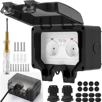 Elektrická zásuvka DVOJITÁ VENKOVNÍ VODOTĚSNÁ ZÁSUVKA ZAHRADNÍ S VYPÍNAČEM IP66