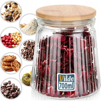 Dóza na potraviny Skleněná dóza s bambusovým víkem do kuchyně na potraviny, sypké produkty, vzduchotěsná 0,7 l