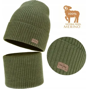 Čepice Khaki SOUPRAVA MERINO VLNA ČEPICE NÁKRČNÍK podzim jaro PROUŽEK vel. 54-58