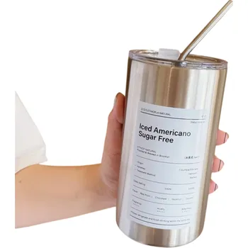 Termohrnek Termohrnek 600 ml z nerezové oceli 304 s průhledným víčkem, brčkem a otvorem na pití nápojů 9 x 16 cm Cestovní hrnek na kávu a čaj stříbrná