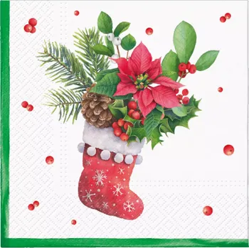 Papírový ubrousek Vánoční ubrousky PAW C - Sock with poinsettia - SDC236200
