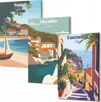 Obraz Obrazy Na Plátně Triptych Do Obýváku Přímořská města ilustrace 30x20 cm
