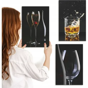 Obraz Sada obrazů na plátně k zavěšení Skleničky vína whisky černé pozadí 3x 20x30 cm