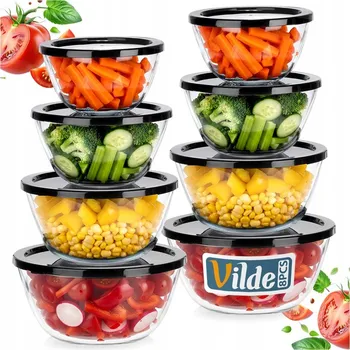 8x Kuchyňská MÍSA skleněné víčko sada kuchyňských misek 0,75 l, 1 l, 1,5 l, 2 l