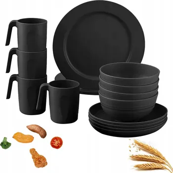 Talíř Turistická sada pro 4 osoby, plastová miska, talíř, příbory Family, černá