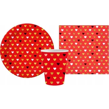 Sada nádobí SADA XOXO ČERVENÁ SRDCE VALENTÝNSKÉ TALÍŘKY HRNÍČKY SERVÍTKY