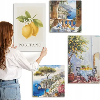 Obraz Sada nástěnných dekorací Pohledy na Positano, citrony, architektura, 4 kusy