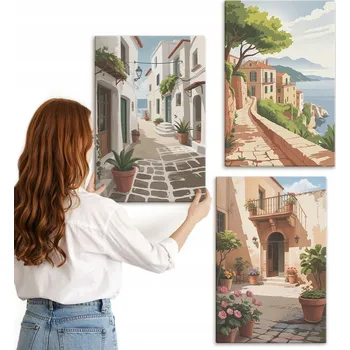 Obraz Sada nástěnných dekorací Galerie Ulička – domy, rostliny, květináče, 3x 40x60 cm