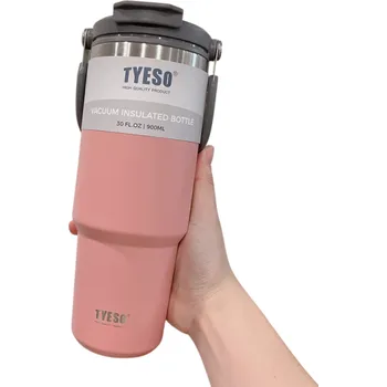 Termoska 900 ml vakuově izolovaná z nerezové oceli 304 s brčkem na studené a otvorem na teplé nápoje 10 x 23,7 cm s víčkem růžová
