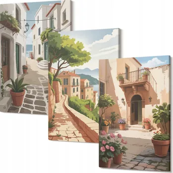 Obraz Triptych na plátně do obývacího pokoje Uličky domy rostliny květináče 30x20 cm