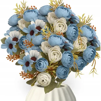 umělá květina VELKÁ UMĚLÁ KYTICE SMĚS KVĚTŮ HUSTÁ JAKO ŽIVÁ DEKORACE MODRÁ