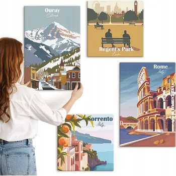 Obraz Sada obrazů na plátně Retro galerie - ilustrace známých míst, 4 kusy