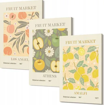 Obraz Triptych na plátně do obývacího pokoje, ovocné retro vzory, postery 30x20 cm