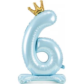 Balónek Stojící fóliový balónek číslo 6 modrý s korunou 84 cm