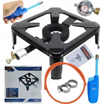 Turistický vařič Plynový taburet 8 kW 40x40 litinový hořák sporák sada reduktor + 2 m hadice