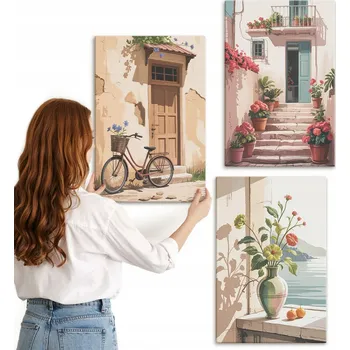 Obraz Sada nástěnných dekorací - obrazy uliček s květinami a kolem, 3x 40x60 cm