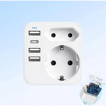 Cestovní adaptér 6v1 - 3 USB / 1 Type C / 2 zásuvky - Bílý