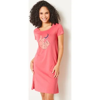 Dámská noční košile Krátká noční košile s krátkými rukávy, potisk Kočka korálová 54
