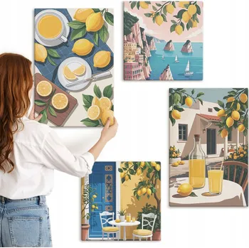 Obraz Sada obrazů do obýváku Komplet Limonáda Citronová terasa slunce 4 kusy