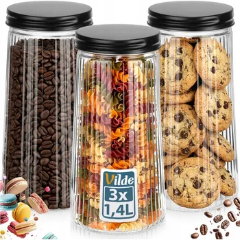Dóza na potraviny 3x SKLENĚNÁ ČERNÁ dóza do kuchyně na potraviny sypké, vzduchotěsná 1,4 l