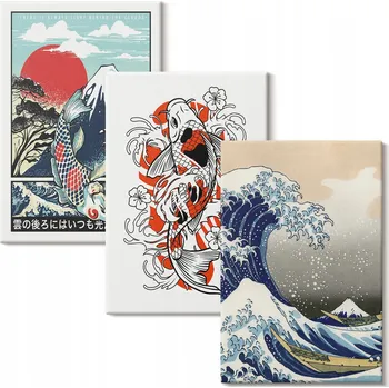 Obraz Sada obrazů na plátně Hory ryby Velká vlna Japonsko 3x 20x30 cm