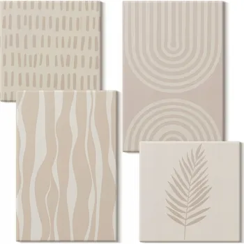 Obraz Dekorativní Sada Obrazů na Plátně Set Béžové Rostlinné Vzory 4 kusy