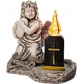 Svíčka Sádrový náhrobní HŘBITOVNÍ SVÍČKA – Šedý Anděl, LED svíčka, Kříž, Srdce – Sádra